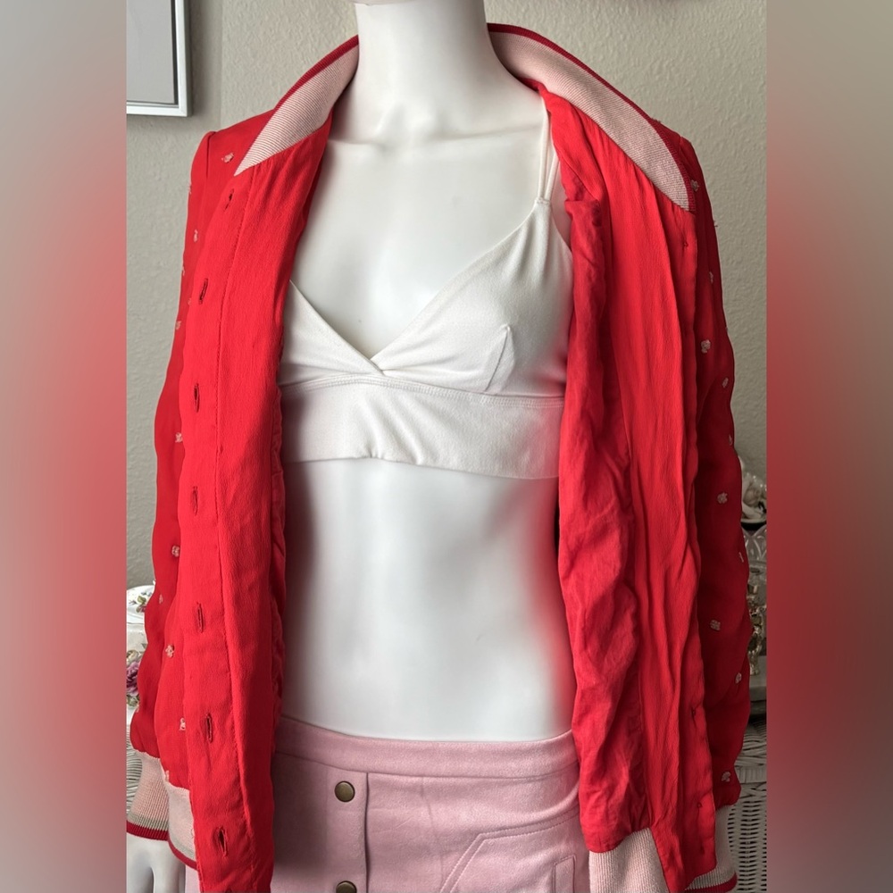 Anthropologie Conditions Apply Arabella Bomber Jacket Embroidered in Red Size L - Picture 10 of 13